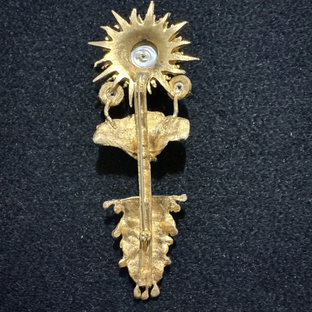 Rare Vintage Frederick Mosell Flower Brooch Large Gold Tone Signed Faux Pearls